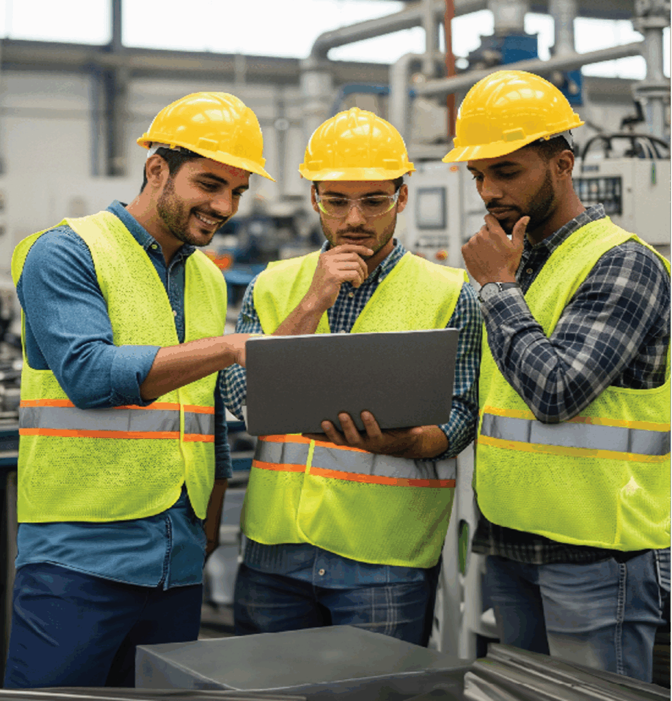 Construction workers on site wearing safety helmet